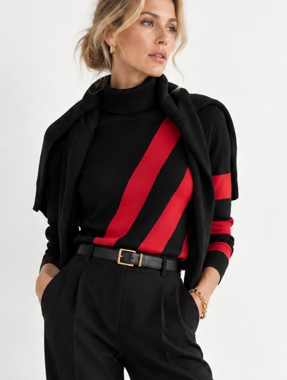 Chico's Sweater Red Black Diagonal Stripe Turtleneck